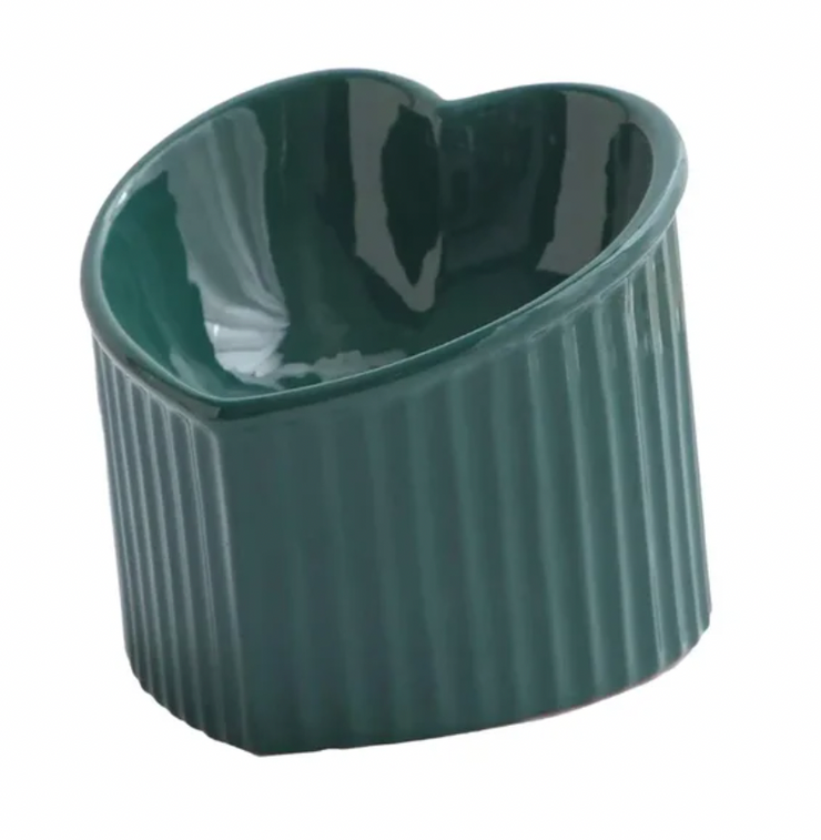 Ceramic Tilted Elevated Cat Bowl in Heart Shape - Emerald Green