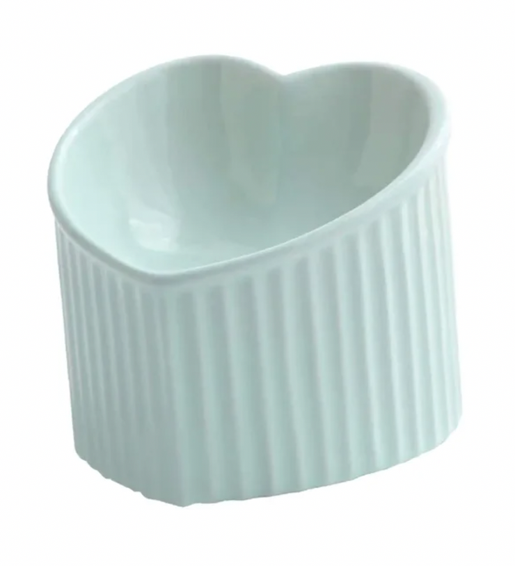 Ceramic Tilted Elevated Cat Bowl in Heart Shape - Mint Green