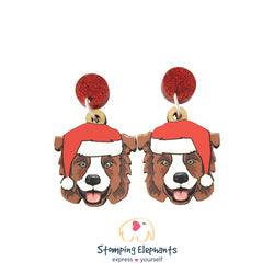 Brown Border Collie Face Christmas Earrings